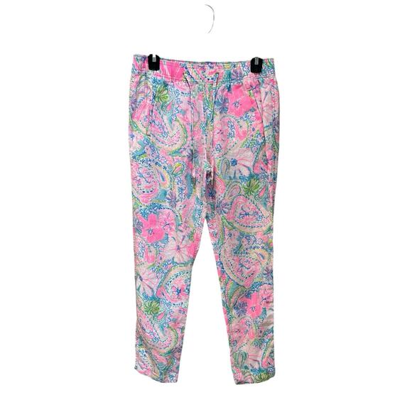 Women Sz Small Lilly Pulitzer Ladies Taron Mid-rise 100%linen Pants Flock of Fun - Picture 1 of 6